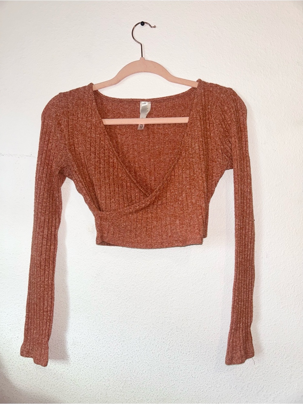 Ribbed Wrap-Front Orange Long Sleeve Crop Top